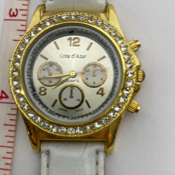 Cote d’ Azur Women's White & Gold Faux Leather Band Rhinestone Quartz Wristwatch - Picture 4 of 11